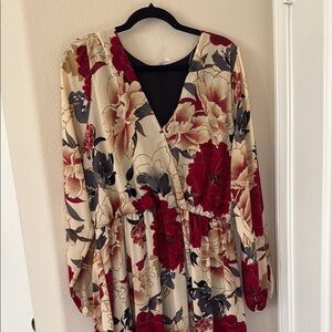 Curvy Sense Cream Floral V-Neck Long Sleeve Dress with Red & Gray Blooms
